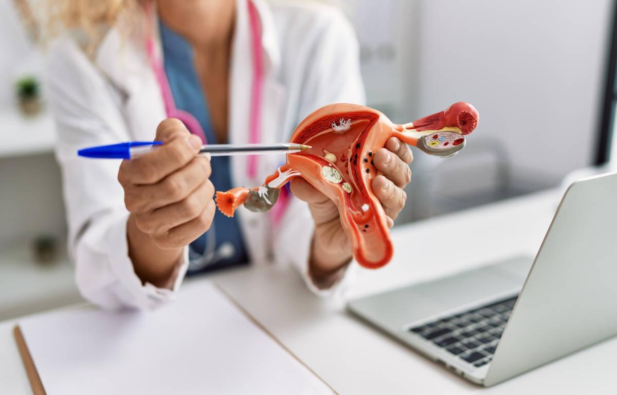 Dokter menunjukkan saluran tuba dengan model
